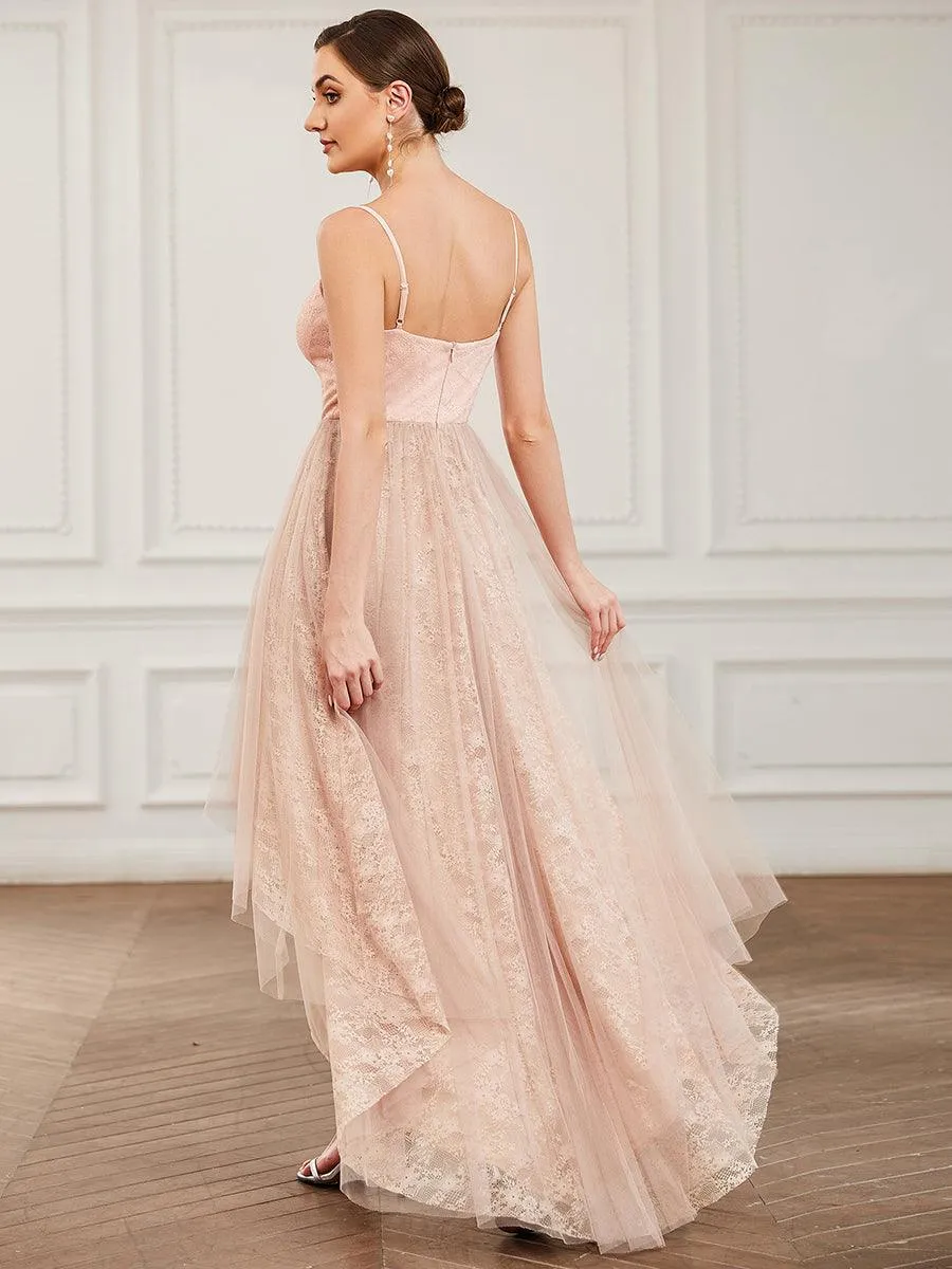 Robe de demoiselle d'honneur haut-bas à bretelles minces en dentelle(Vente finale)