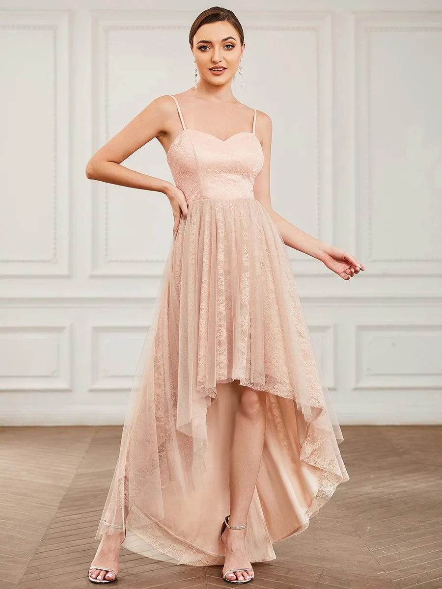 Robe de demoiselle d'honneur haut-bas à bretelles minces en dentelle(Vente finale)