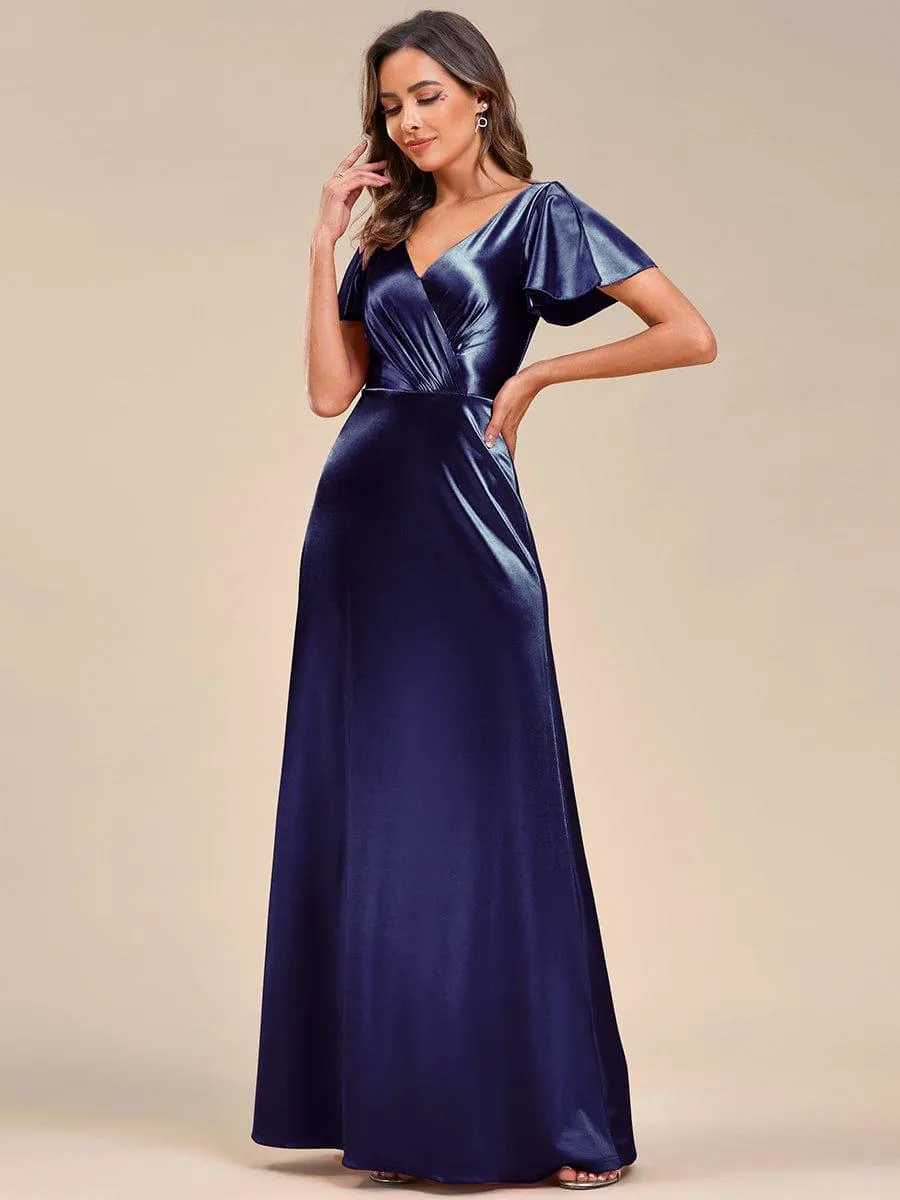 Robe de soirée en satin à manches volantées et col en V(Vente finale)