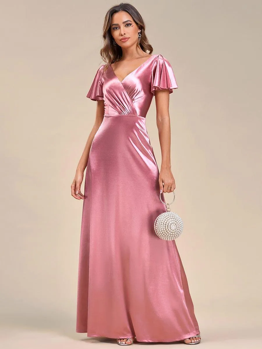 Robe de soirée en satin à manches volantées et col en V(Vente finale)
