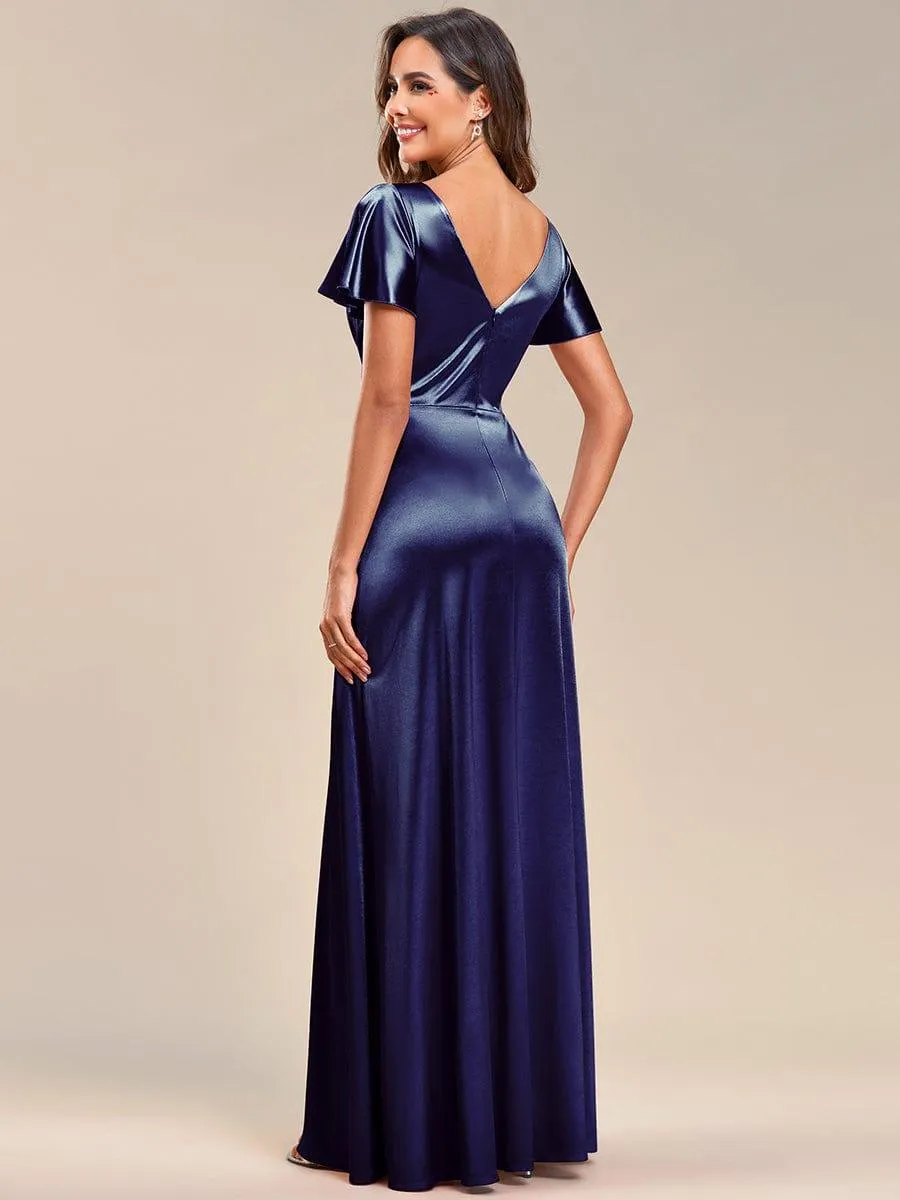 Robe de soirée en satin à manches volantées et col en V(Vente finale)