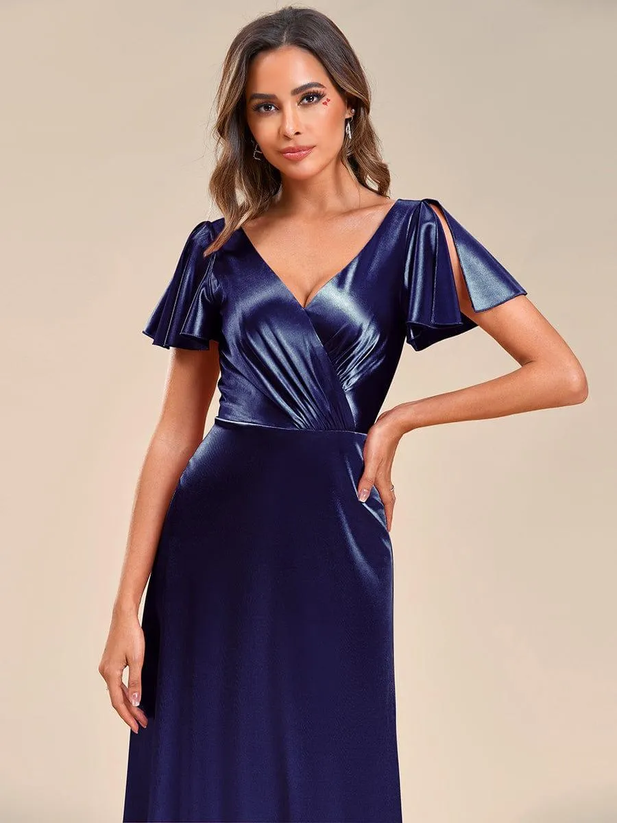 Robe de soirée en satin à manches volantées et col en V(Vente finale)
