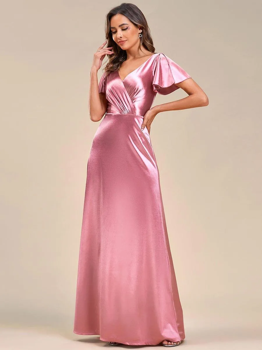 Robe de soirée en satin à manches volantées et col en V(Vente finale)