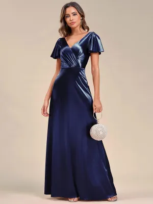 Robe de soirée en satin à manches volantées et col en V(Vente finale)