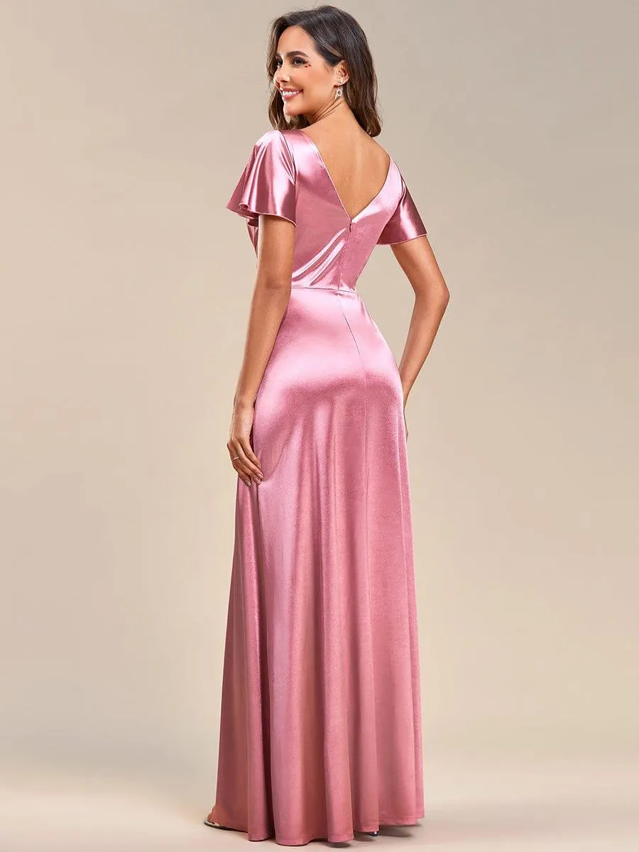 Robe de soirée en satin à manches volantées et col en V(Vente finale)
