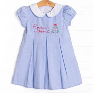Rockin' Around Embroidered Dress, Blue Gingham