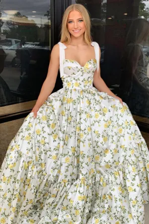 Roycebridal A-Line Sweetheart Floral Printed Satin Long Prom Dresses