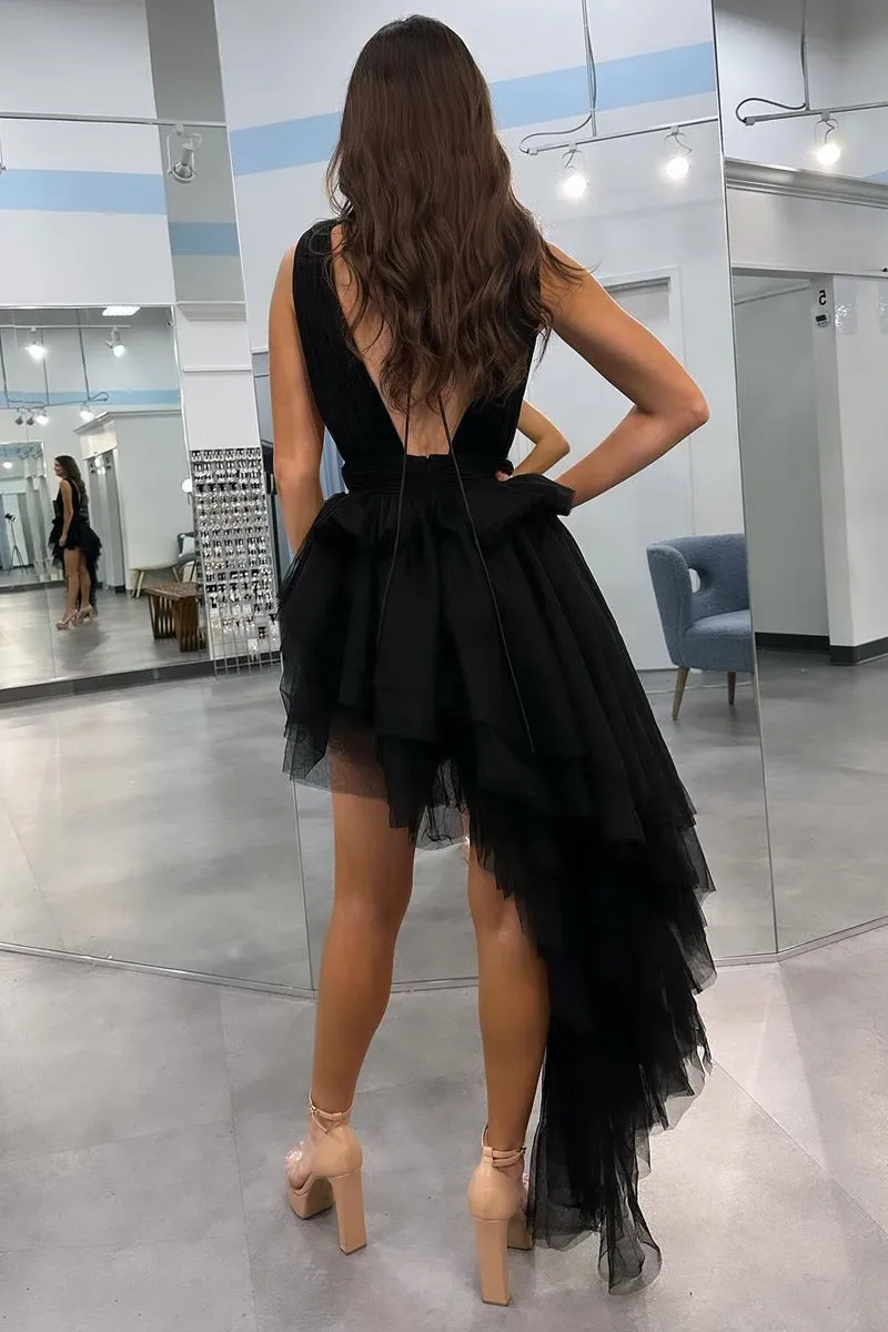Roycebridal Black V Neck Irregular Hem A-Line Prom Dresses