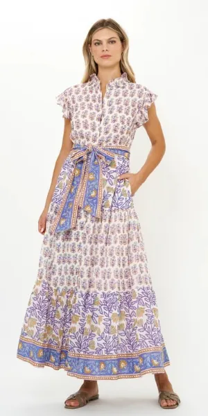 Ruffle Collar Button Maxi Dress in Napa Blue