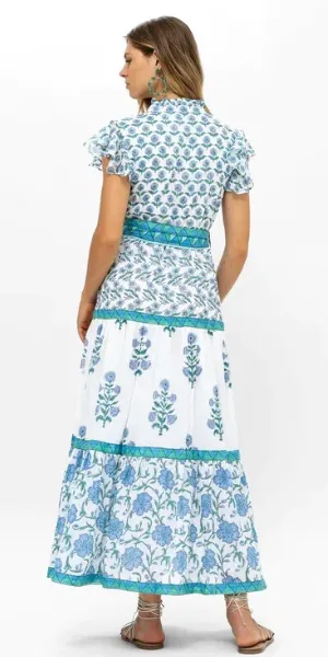 Ruffle Collar Button Maxi Dress in Terra Blue