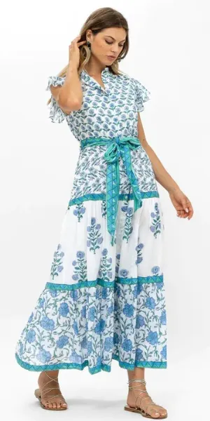 Ruffle Collar Button Maxi Dress in Terra Blue