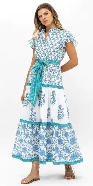 Ruffle Collar Button Maxi Dress in Terra Blue
