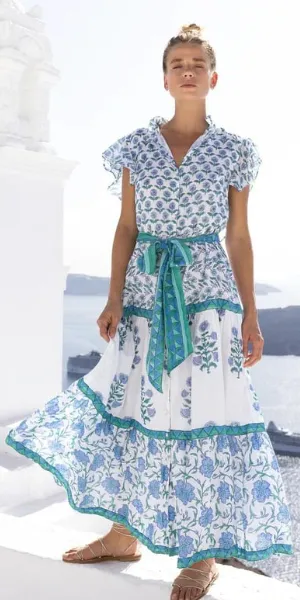 Ruffle Collar Button Maxi Dress in Terra Blue