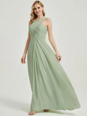Sage Green Pleated Chiffon Cross-Neck A-Line Maxi Bridesmaid Dress