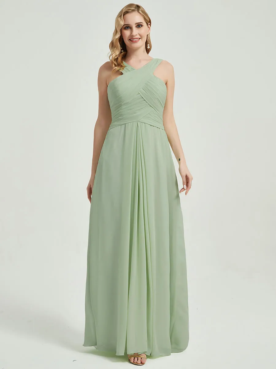 Sage Green Pleated Chiffon Cross-Neck A-Line Maxi Bridesmaid Dress
