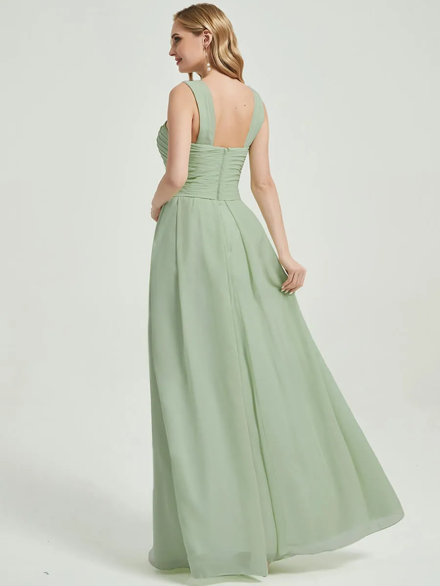 Sage Green Pleated Chiffon Cross-Neck A-Line Maxi Bridesmaid Dress