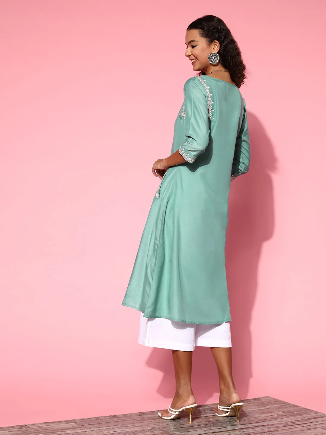 Sea Green Silk Blend Mirror Work A-Line Kurta