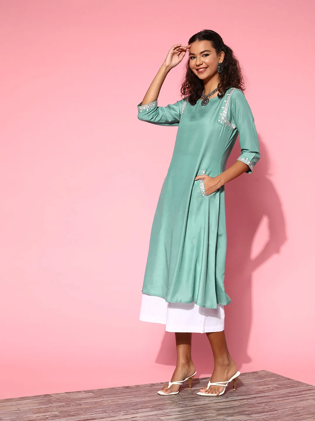 Sea Green Silk Blend Mirror Work A-Line Kurta