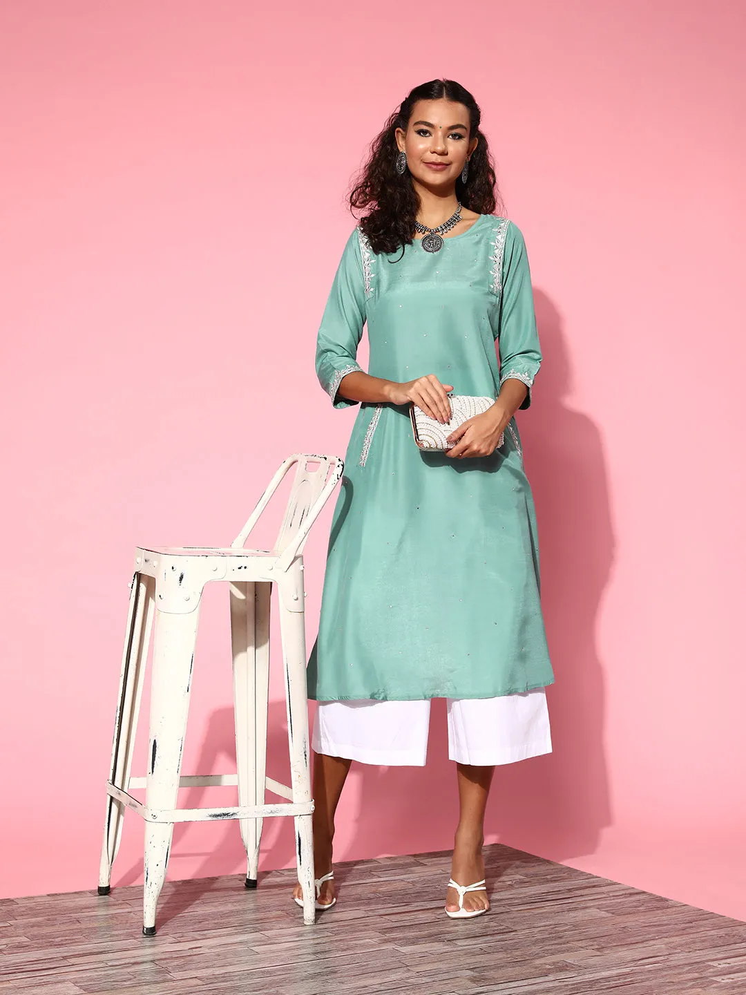 Sea Green Silk Blend Mirror Work A-Line Kurta