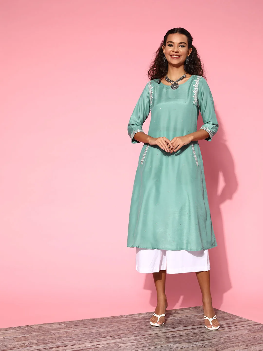 Sea Green Silk Blend Mirror Work A-Line Kurta