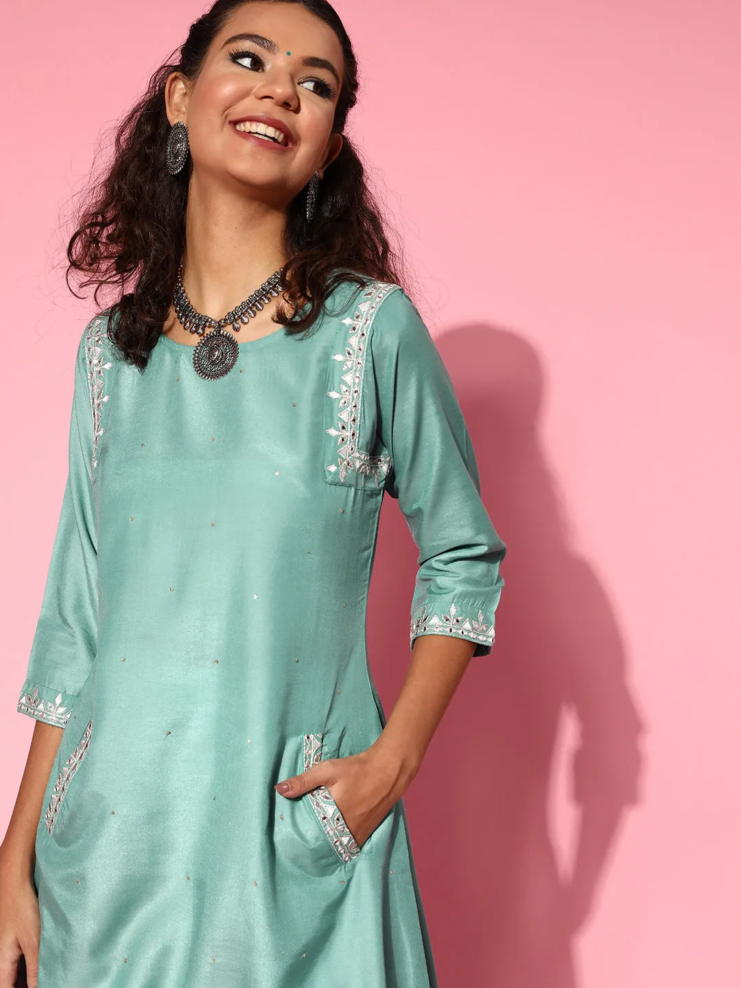 Sea Green Silk Blend Mirror Work A-Line Kurta