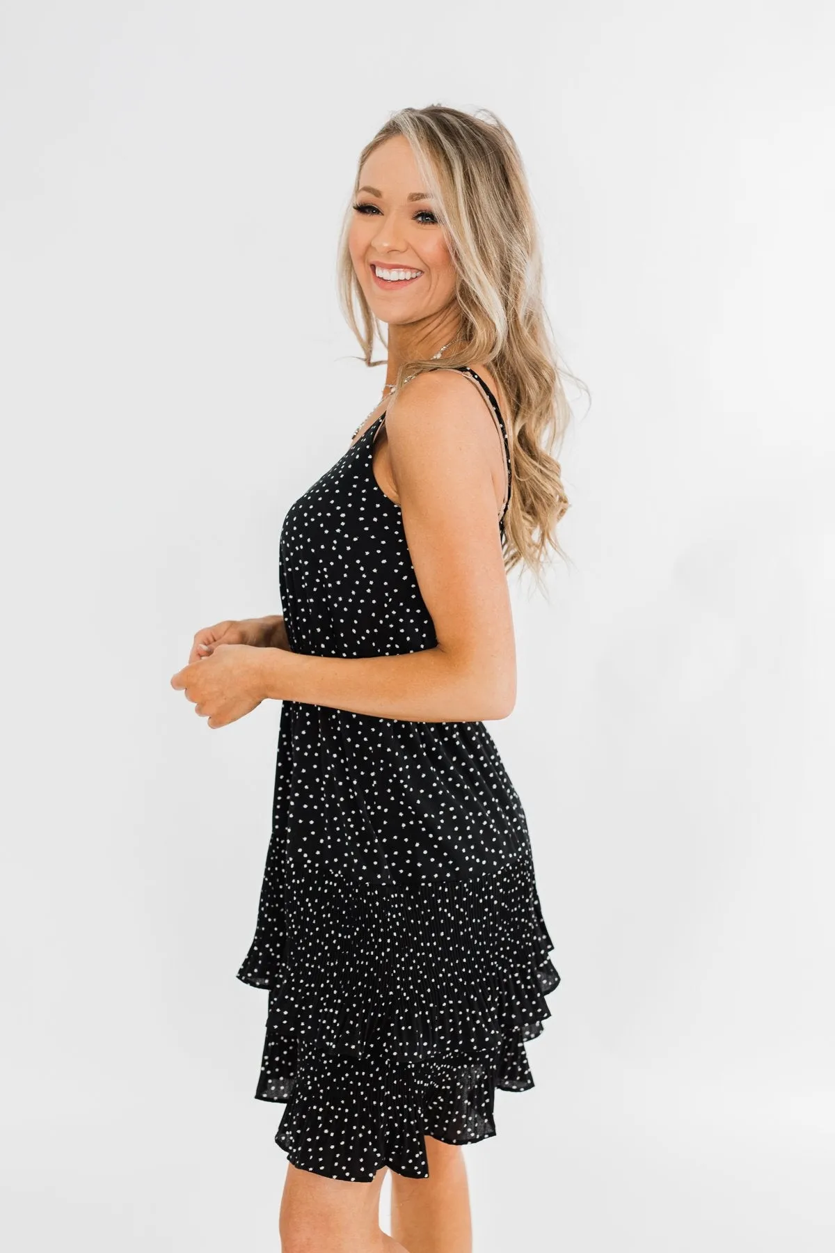 See Me Smile Speckled Ruffle Dress- Black