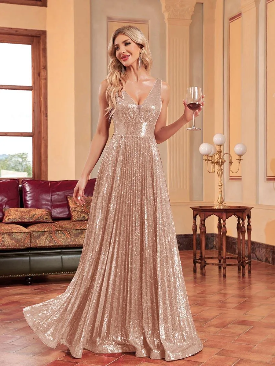 Sequin Pleated A-line V-neck Prom Dress MCC1236