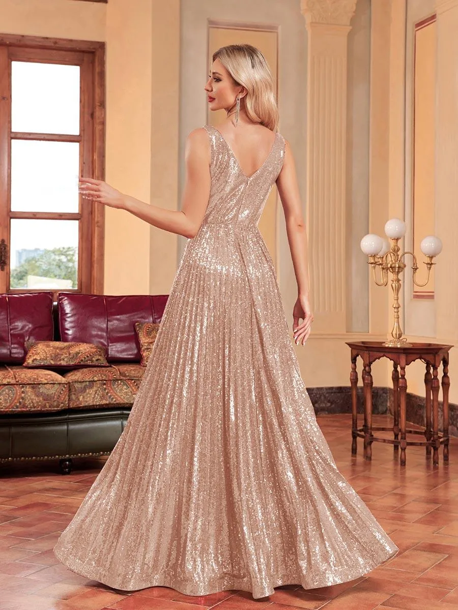 Sequin Pleated A-line V-neck Prom Dress MCC1236