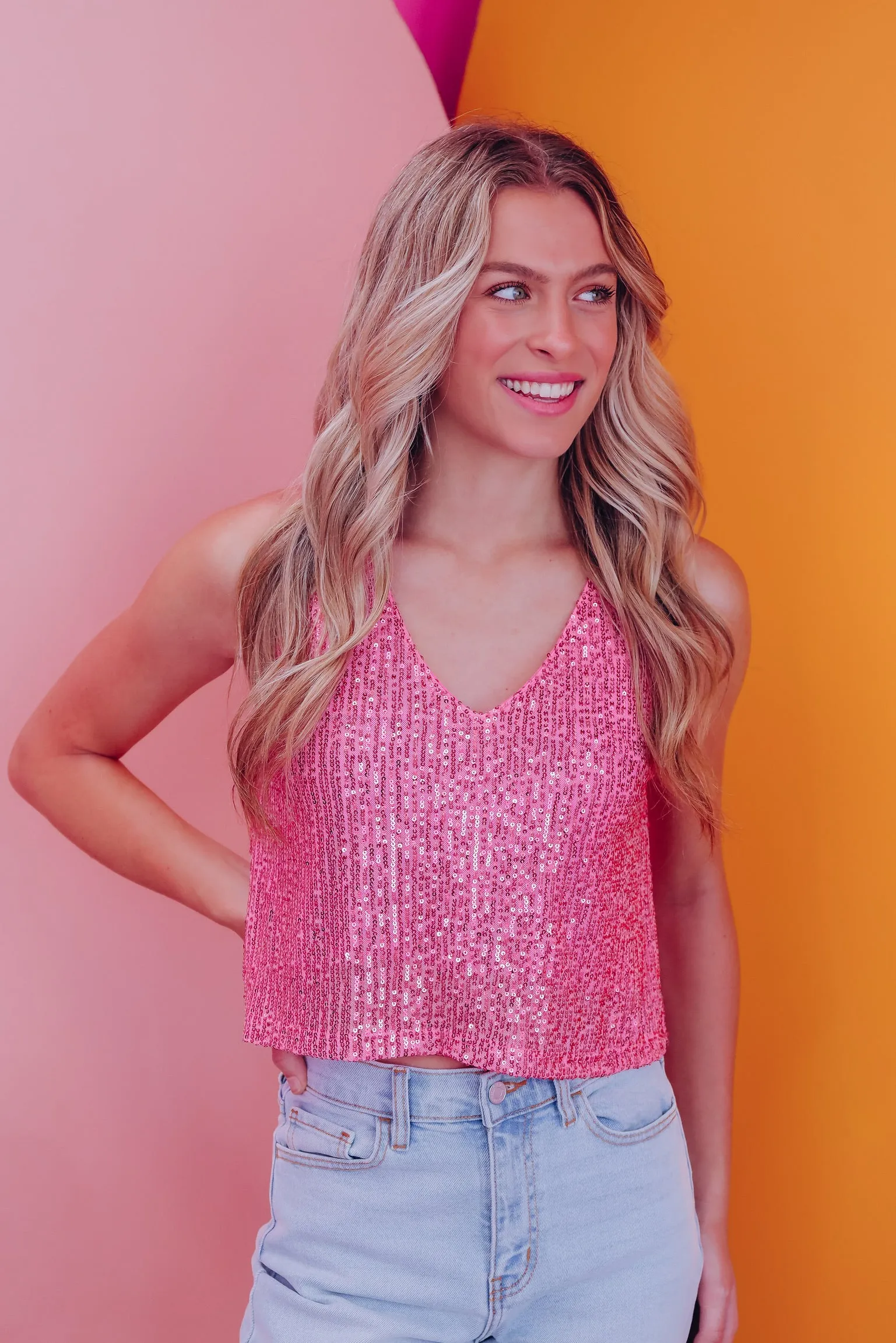 Sequins And Sass Sleeveless V-Neck Top - Pink