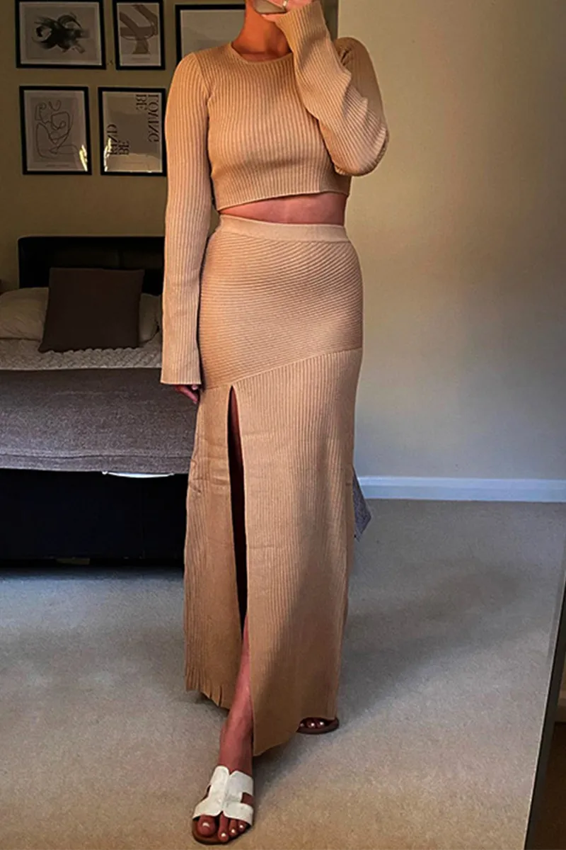 Sexy Solid High Opening O Neck Long Sleeve Two Pieces