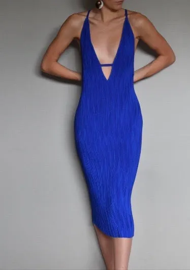 Shakuhachi - Stretch Pleat Midi Dress in Cobalt