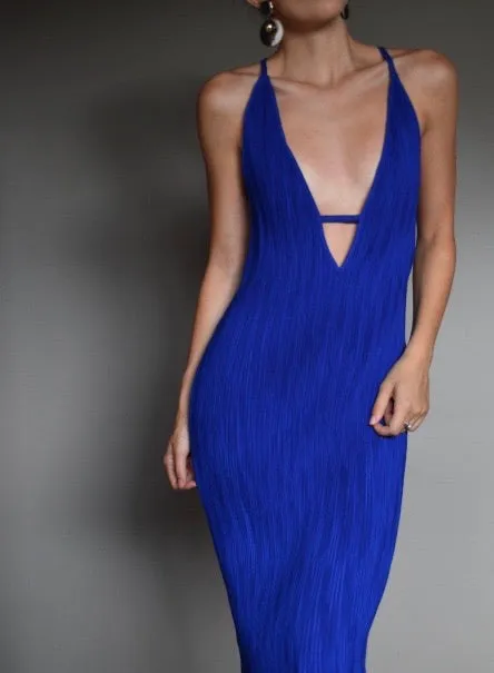 Shakuhachi - Stretch Pleat Midi Dress in Cobalt
