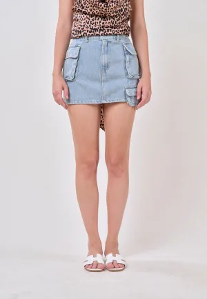 Shaleth Light Blue Denim Front Pockets Mini Skirt