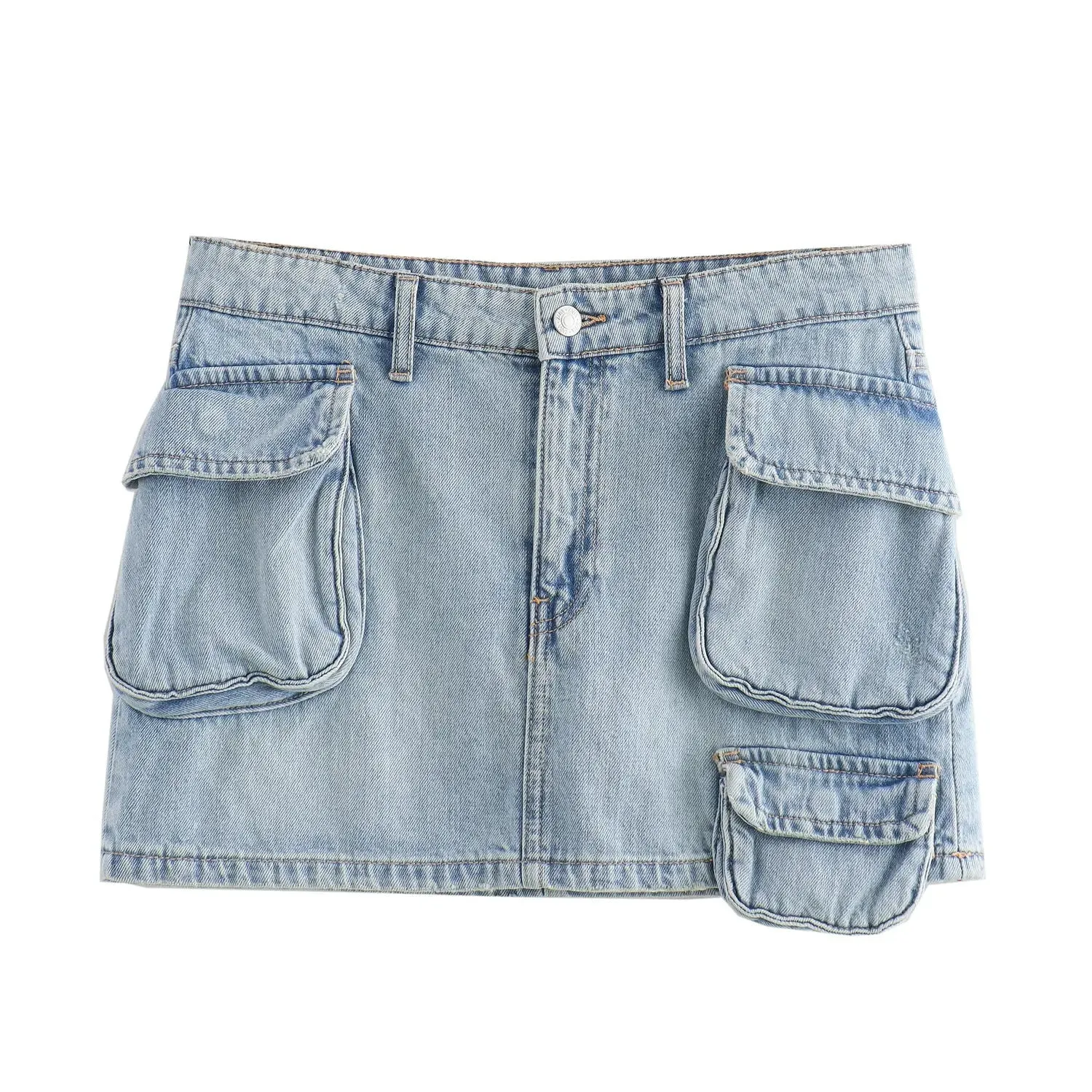 Shaleth Light Blue Denim Front Pockets Mini Skirt