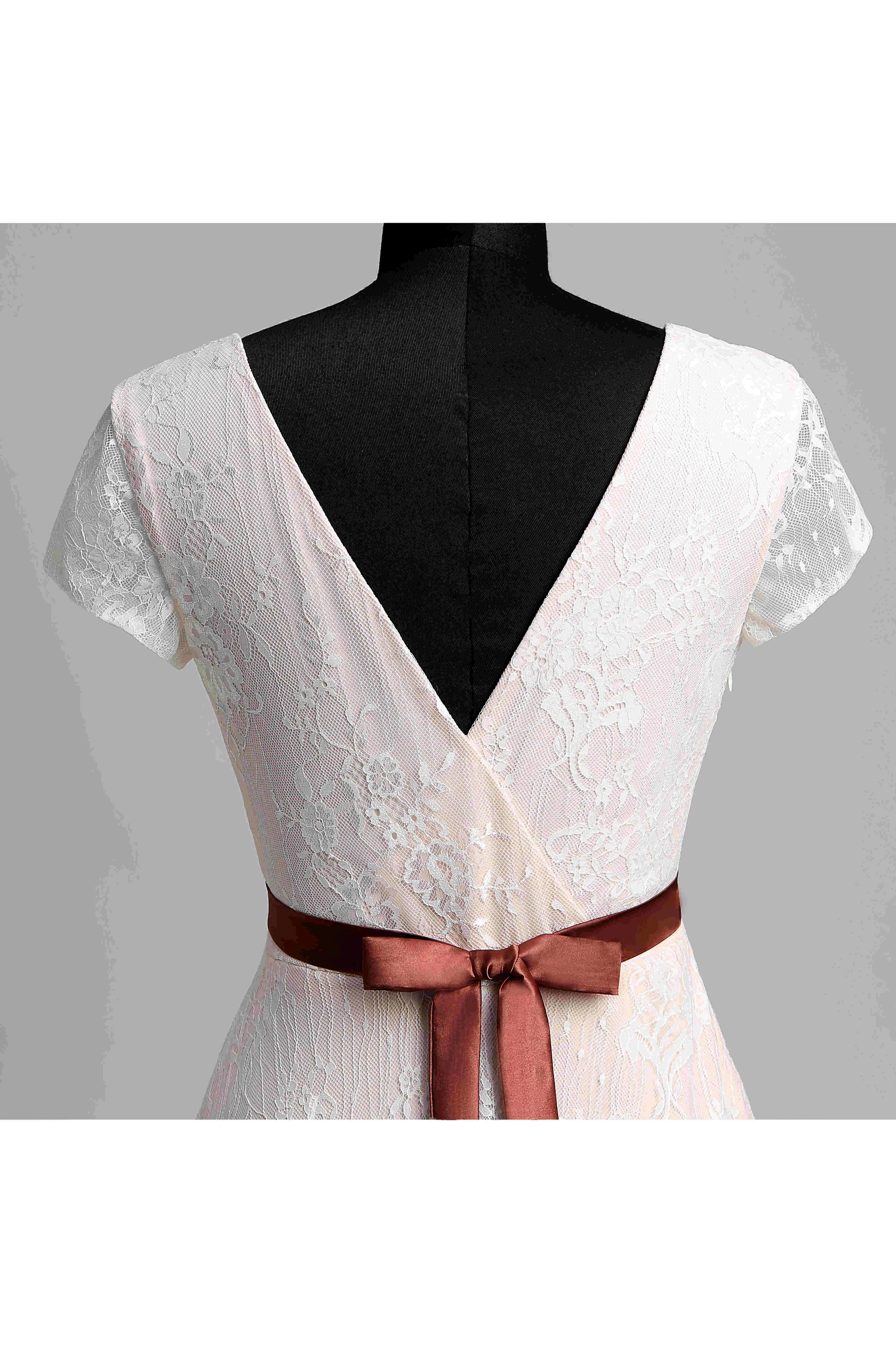 Short Sleeve V-neck Pleated Long Lace Wedding Dress