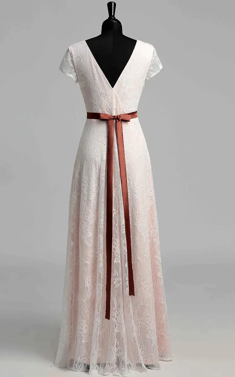 Short Sleeve V-neck Pleated Long Lace Wedding Dress