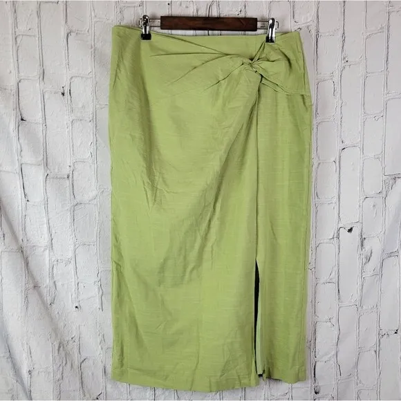 Showpo. Gibson green two piece linen blend crop top knot front midi skirt set