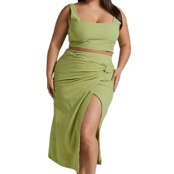 Showpo. Gibson green two piece linen blend crop top knot front midi skirt set