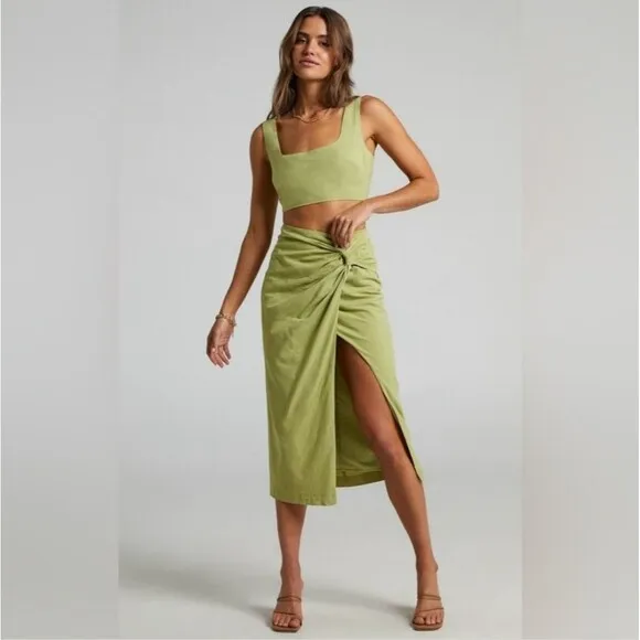 Showpo. Gibson green two piece linen blend crop top knot front midi skirt set