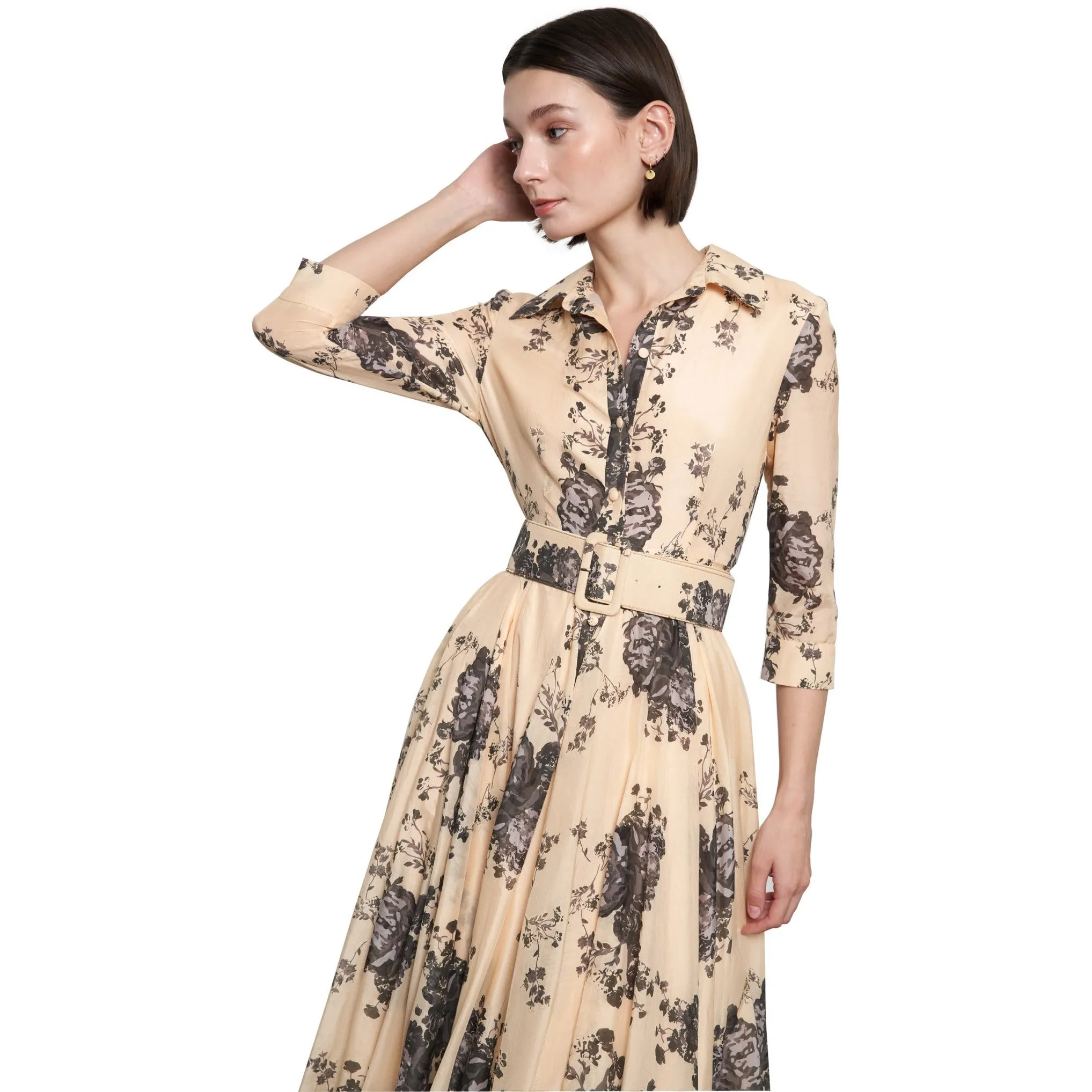 Silk   Cotton blend printed Belted Dress