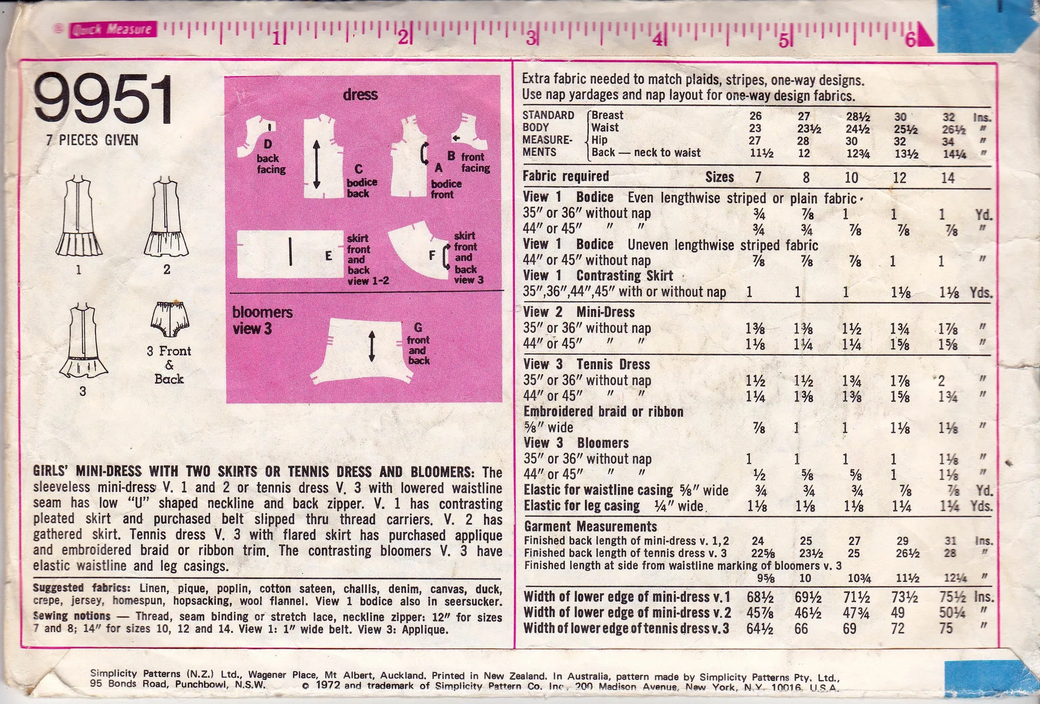 Simplicity 9951 Girls Drop Waist Dress & Bloomers 1970s Vintage Sewing Pattern Size 10