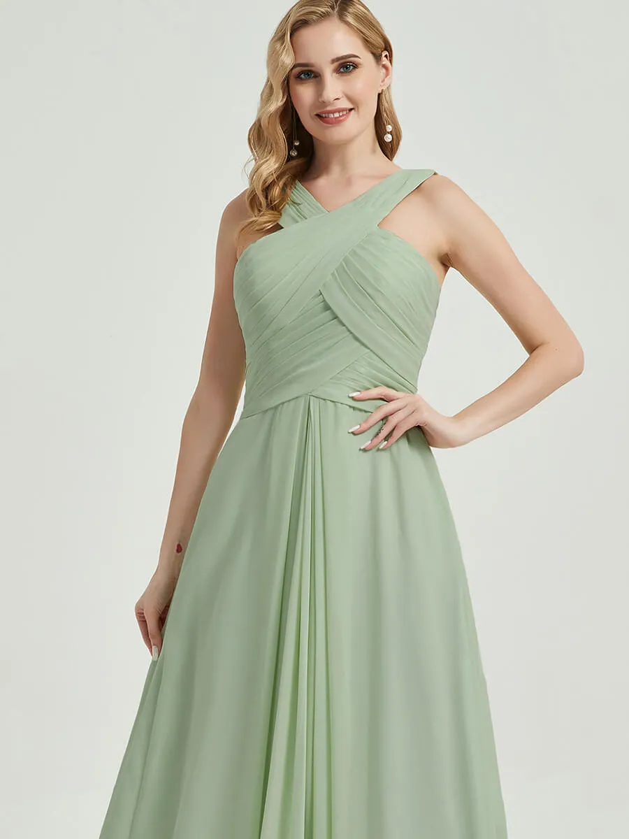 Slate Blue Pleated Chiffon Cross-Neck A-Line Maxi Bridesmaid Dress