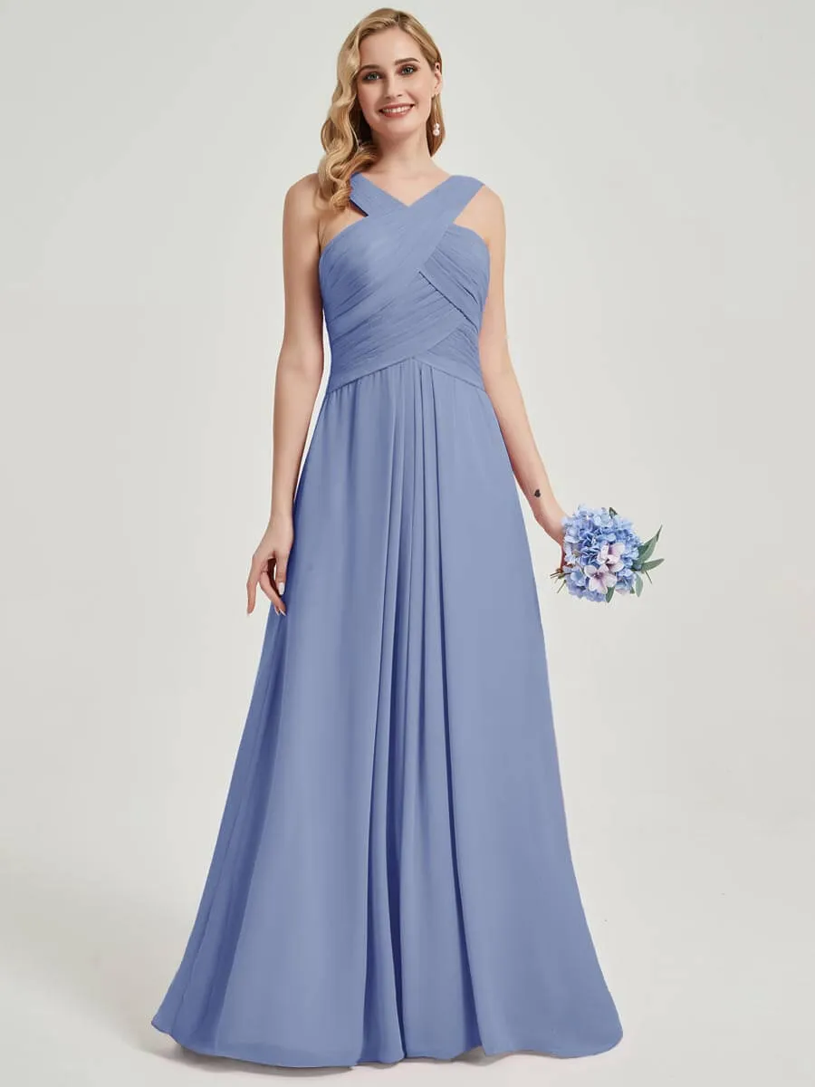 Slate Blue Pleated Chiffon Cross-Neck A-Line Maxi Bridesmaid Dress