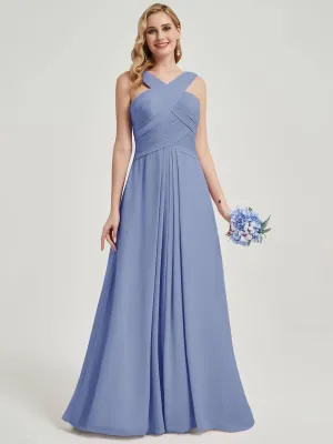 Slate Blue Pleated Chiffon Cross-Neck A-Line Maxi Bridesmaid Dress