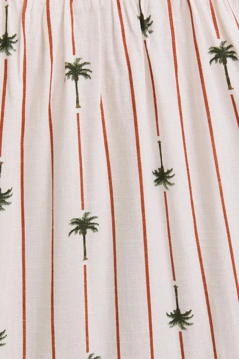 SLEEVELESS LINEN PRINT SMOCKED MAXI DRESS