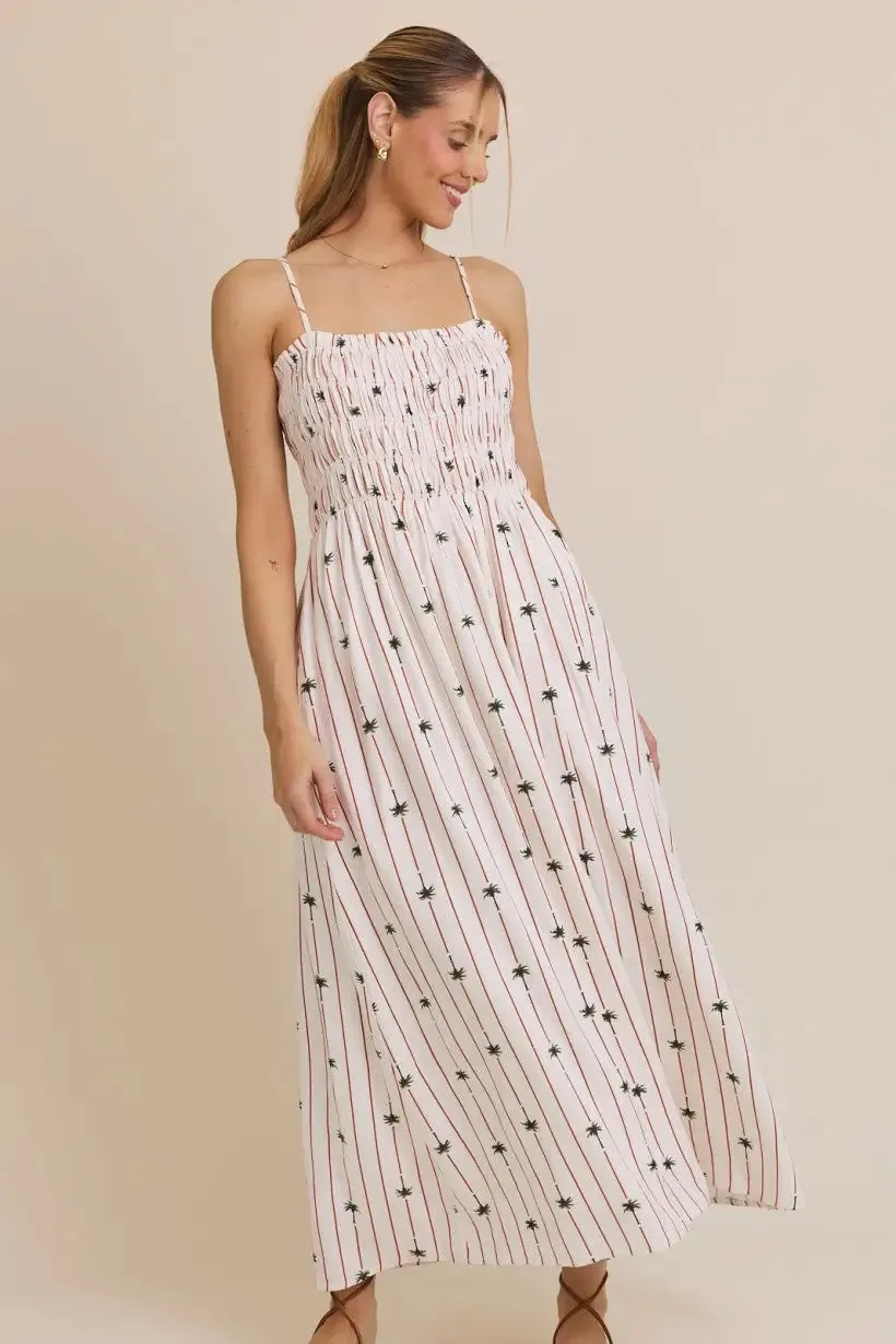 SLEEVELESS LINEN PRINT SMOCKED MAXI DRESS