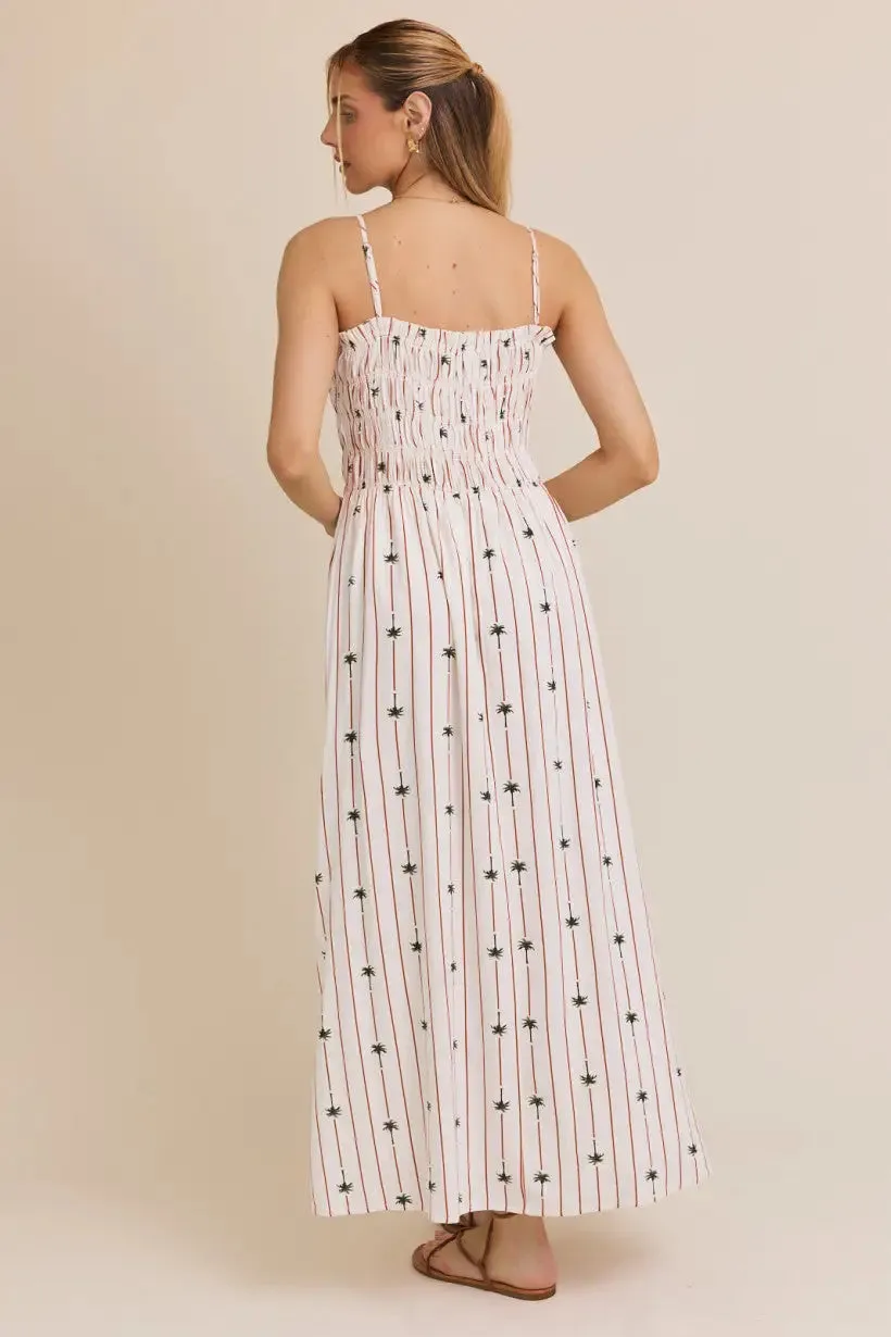 SLEEVELESS LINEN PRINT SMOCKED MAXI DRESS
