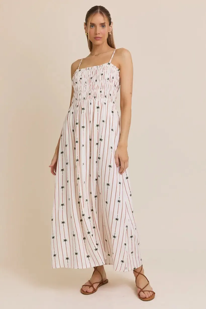SLEEVELESS LINEN PRINT SMOCKED MAXI DRESS