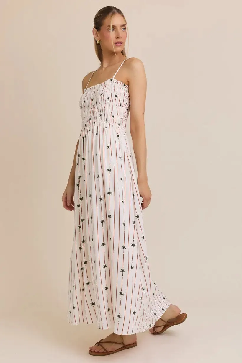 SLEEVELESS LINEN PRINT SMOCKED MAXI DRESS