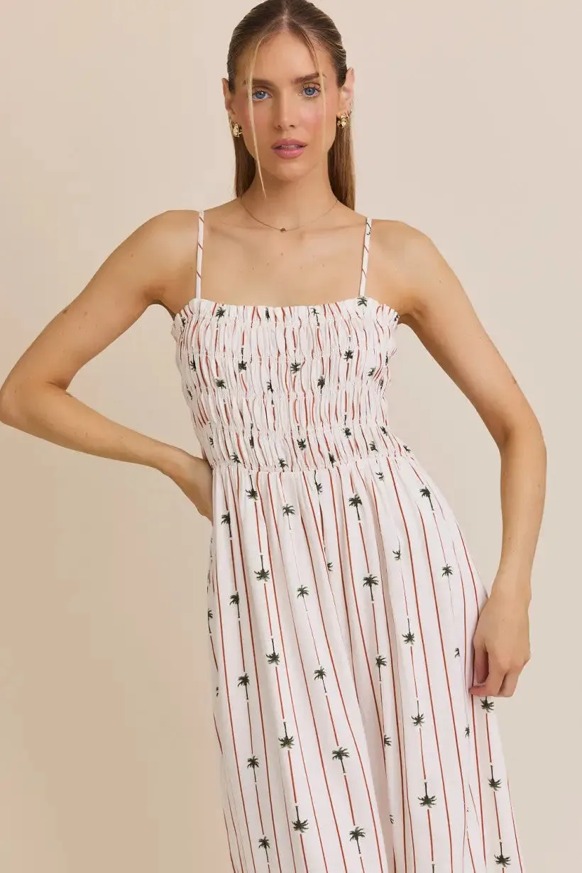 SLEEVELESS LINEN PRINT SMOCKED MAXI DRESS